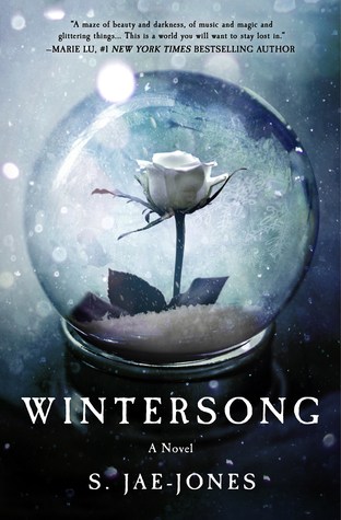 Book cover: Wintersong - S Jae-Jones (a white rose in a glass ball, with snow falling)